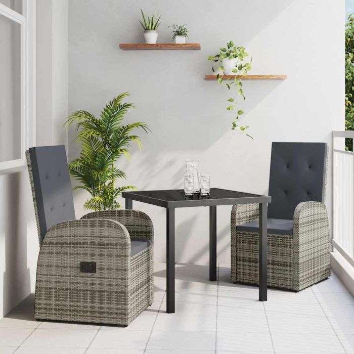 3 Piece Garden Dining Set with Cushions - Grey Poly Rattan