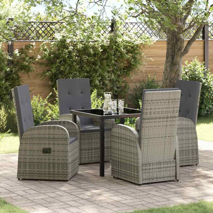5 Piece Garden Dining Set with Cushions Grey Poly Rattan
