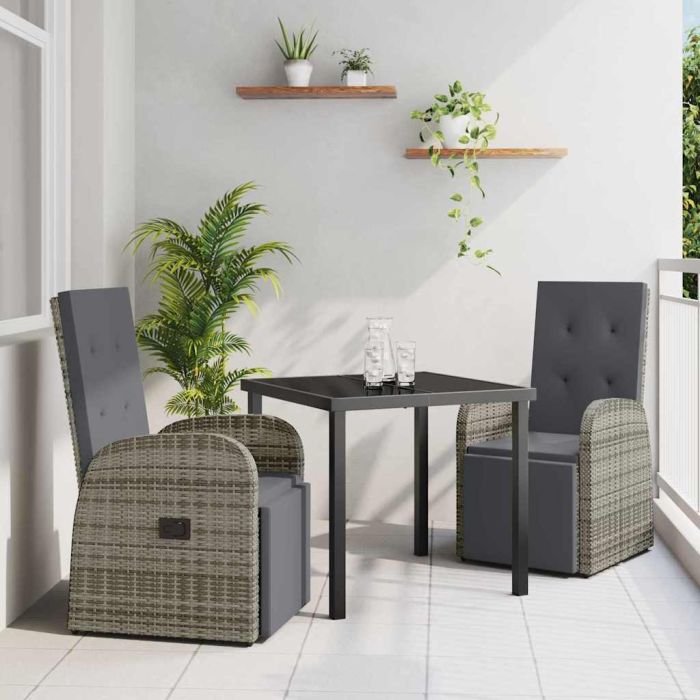 3 Piece Garden Dining Set with Cushions Grey Poly Rattan