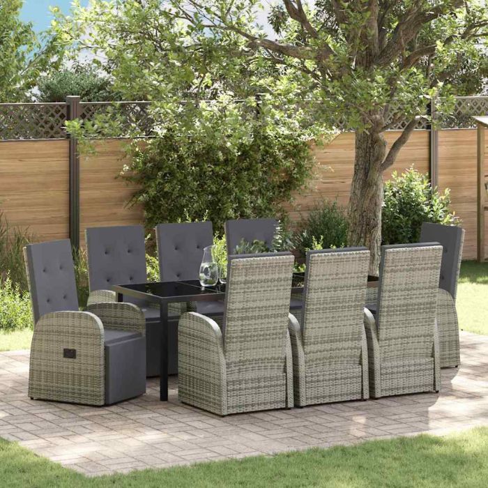 9 Piece Garden Dining Set with Cushions Grey Poly Rattan