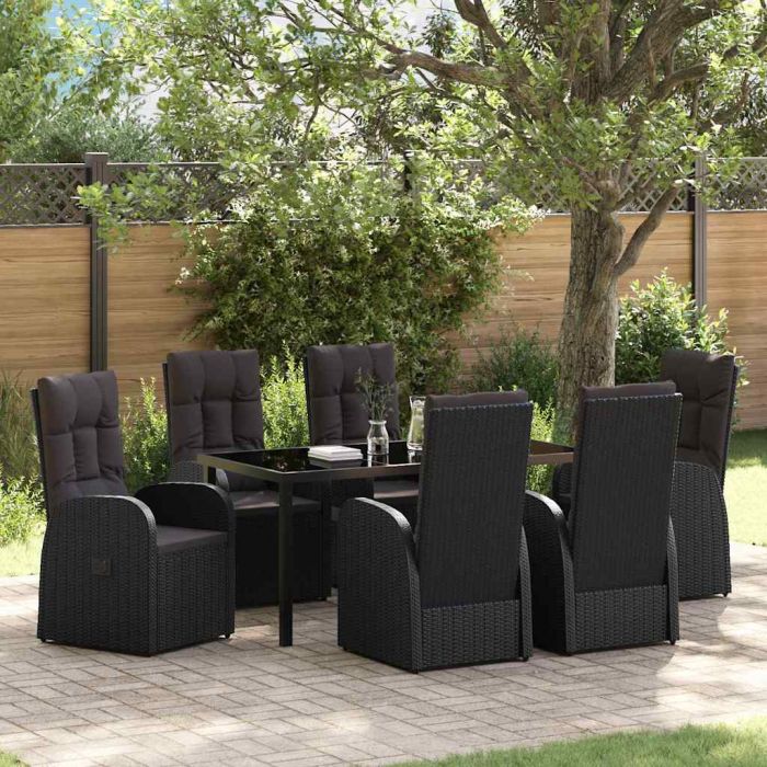 7 Piece Garden Dining Set with Cushions Black Poly Rattan