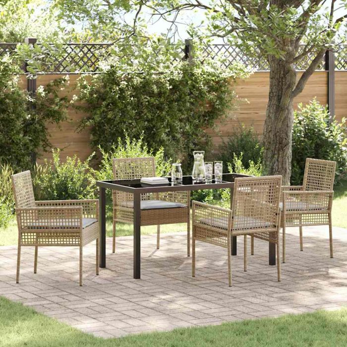 5 Piece Garden Dining Set with Cushions Beige Poly Rattan
