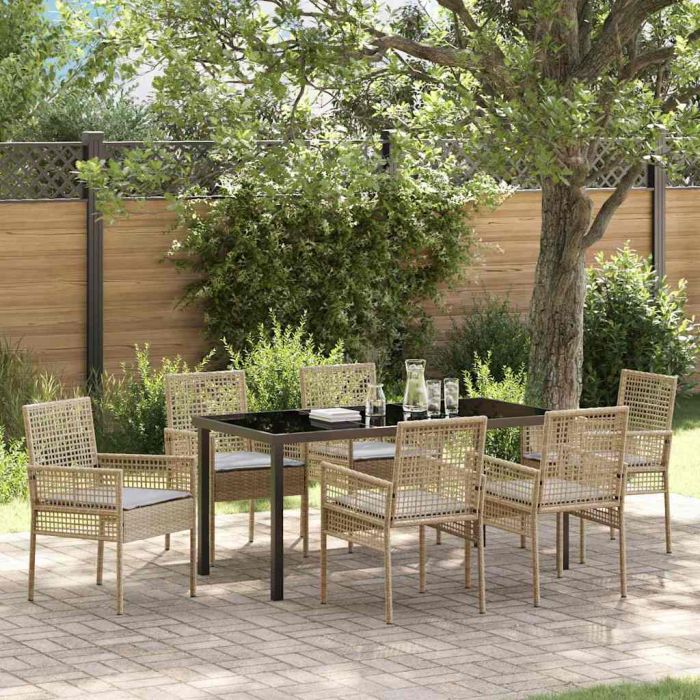 7 Piece Garden Dining Set with Cushions Beige Poly Rattan