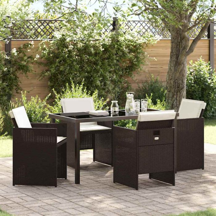5 Piece Garden Dining Set with Cushions Brown Poly Rattan