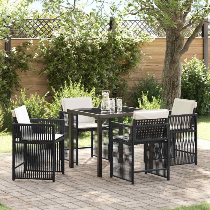 5 Piece Garden Dining Set with Cushions Black Poly Rattan