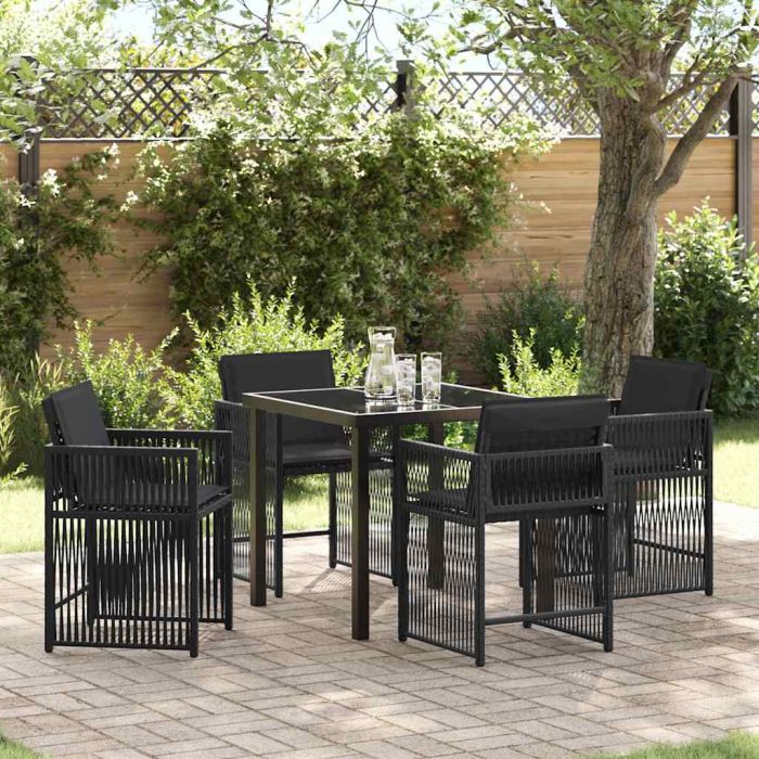 5 Piece Garden Dining Set with Cushions Black Poly Rattan