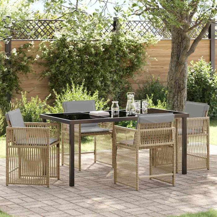 5 Piece Garden Dining Set with Cushions Beige Poly Rattan