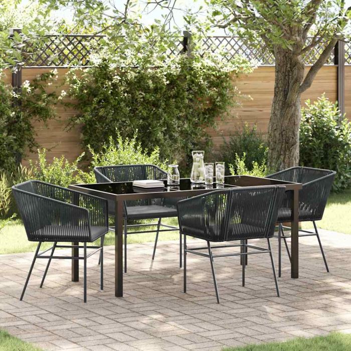 5 Piece Garden Dining Set with Cushions Black Poly Rattan