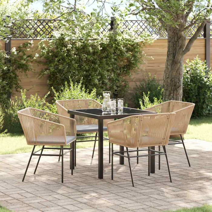 5 Piece Garden Dining Set with Cushions Brown Poly Rattan