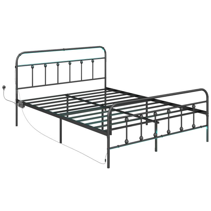 HERON Double Bed Frame with LED Lights and Charging Station Black