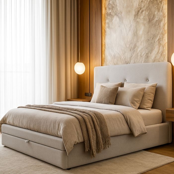 SOUTHPORT Double Fabric Bedframe with 2 Drawer Storage - Natural