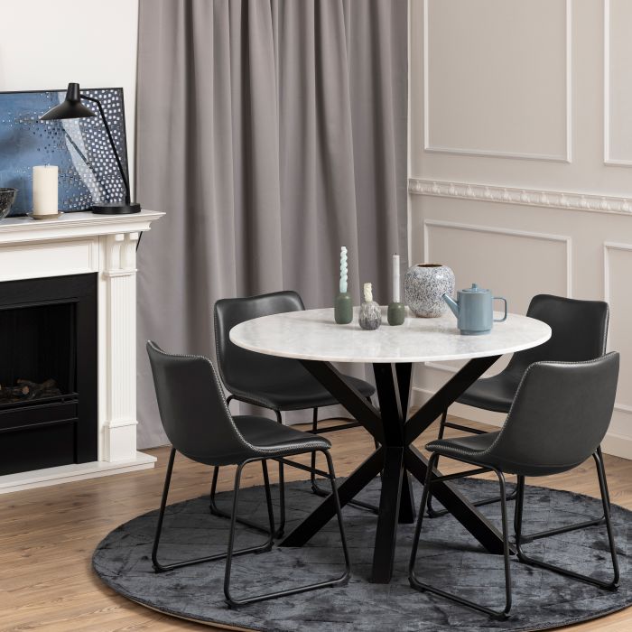 FUMES Round Dining Table with White Polished Marble Top Included 4 Dining Chair In Black with Cream Stitching