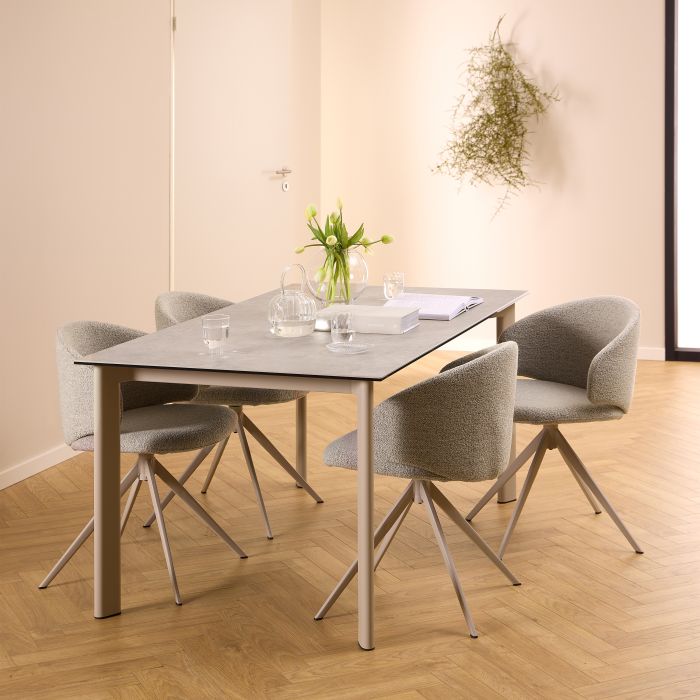 PETER Ceramic Dining Table in Grey Included 4 Swivel Beige Dining Chairs