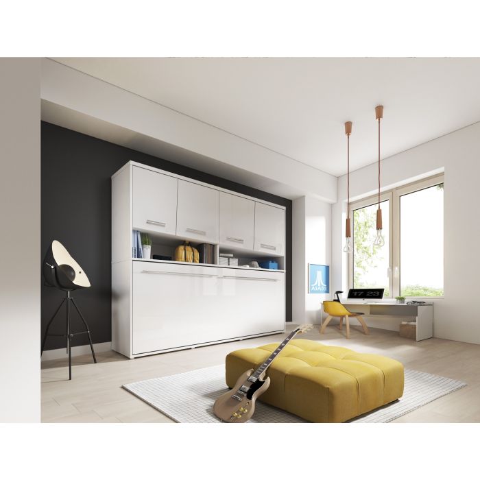 Classic Design Horizontal Wall Bed 90cm with Over Bed Unit - White Matt