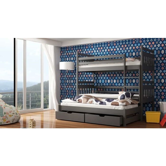 RYN Wooden 2 Drawers Storage Double Bed with Trundle and Foam Mattress - Graphite