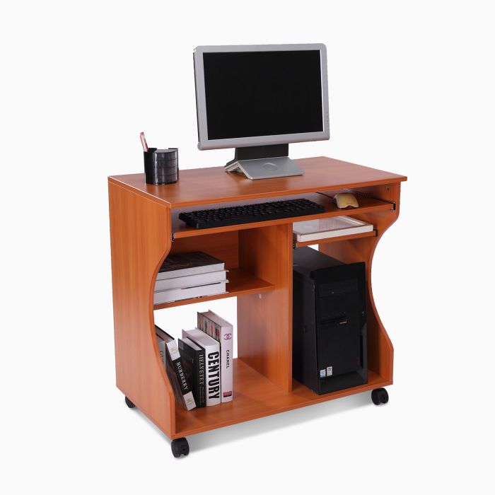 HomCom Wheeled Computer Cart in Cherry Wood