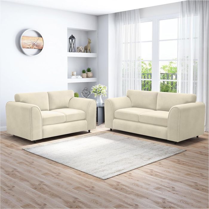 DELANO Plush Velvet 3 and 2 Seater Fullback Sofa Set - Cream