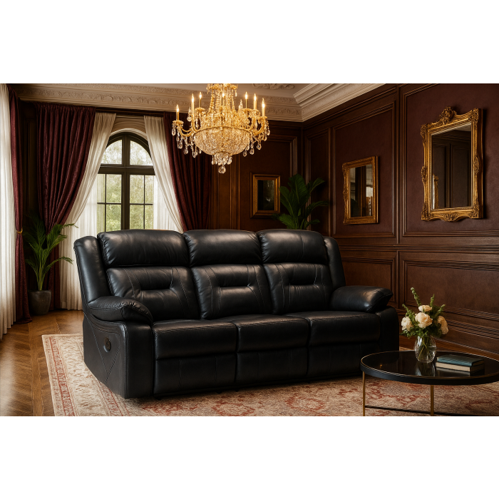 NAVONE Leather 3 Seater Recliner Sofa - Black
