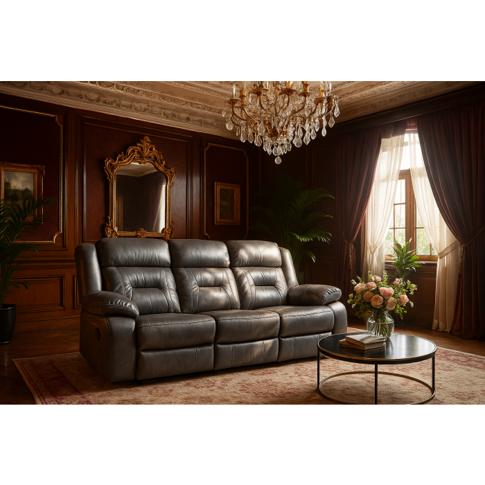 NAVONE Leather 3 Seater Recliner Sofa - Grey