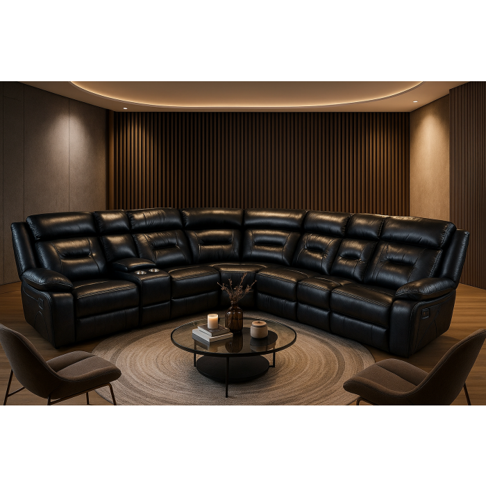 NOLLIE Large Leather 6 Seater L Shaped Recliner Sofa - Black