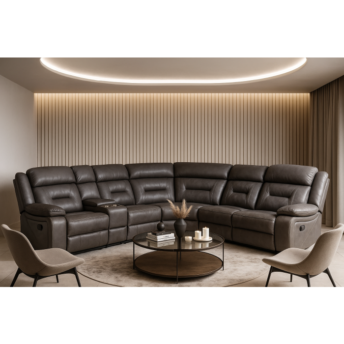 NOLLIE Large Leather 6 Seater L Shaped Recliner Sofa - Grey