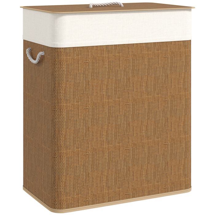 HERON Double Laundry Basket with Lid Bamboo Laundry Hamper Brown