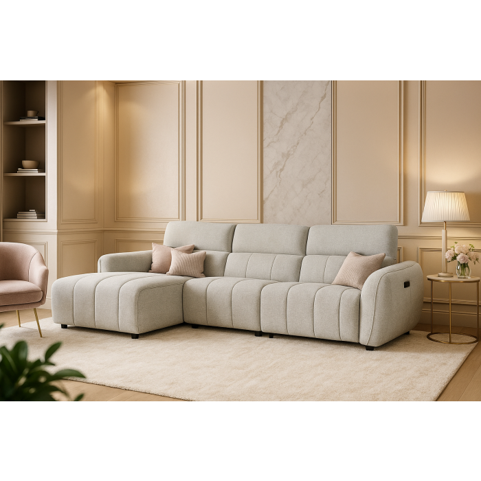 TARWIN Fabric 3 Seater Electric L Shaped Recliner Sofa - Silver - Left Hand Facing