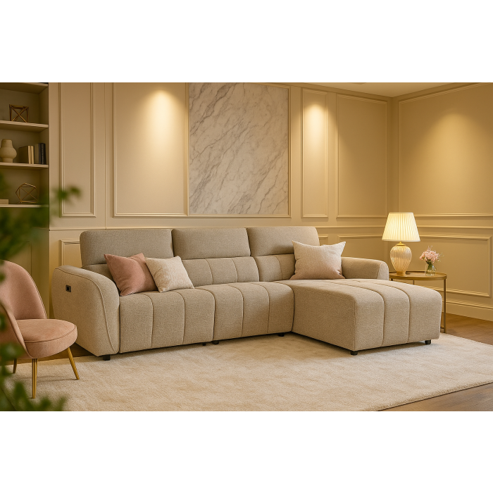 TARWIN Fabric 3 Seater Electric L Shaped Recliner Sofa - Mocha - Right Hand Facing