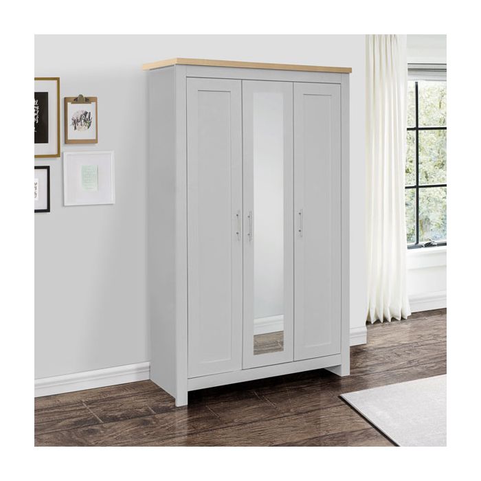 Wardrobe - HEINZ 3 Door Mirrored Wardrobe Grey and Oak Effect 112cm