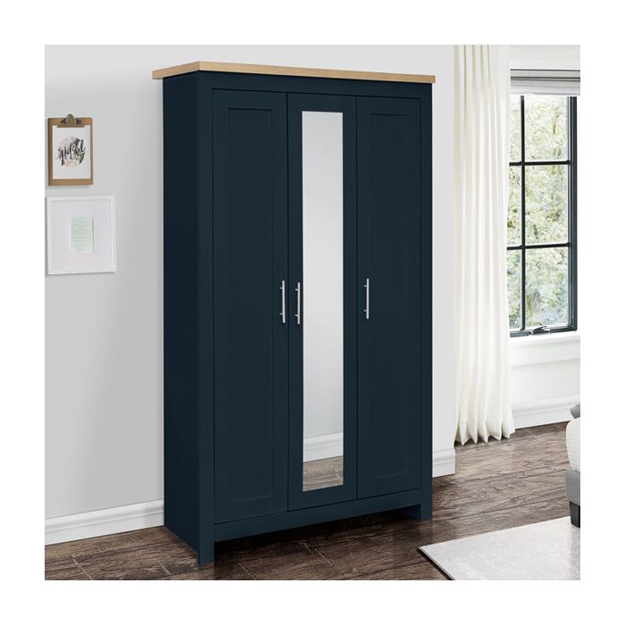 Wardrobe - HEINZ 3 Door Mirrored Wardrobe Navy Blue and Oak Effect 112cm