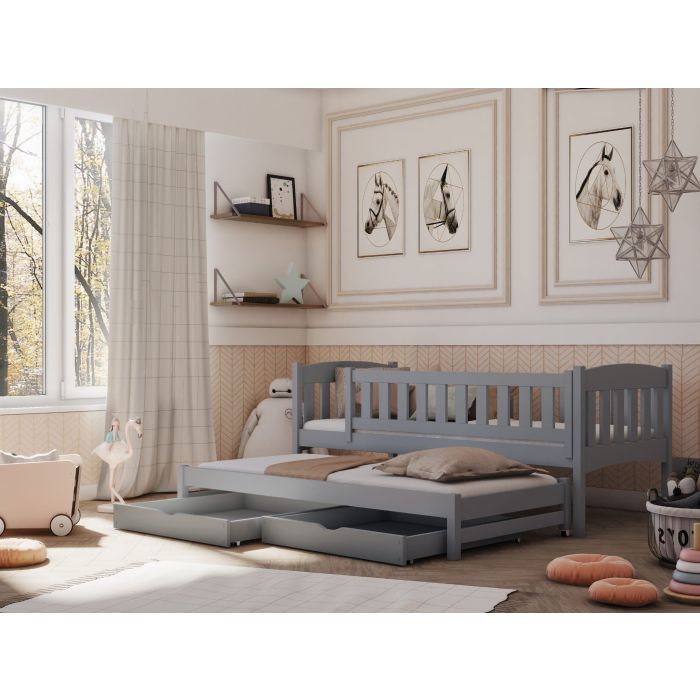 MALAIKA 2 Drawers Storage Wooden Double Bed with Trundle and Foam Mattress - Grey