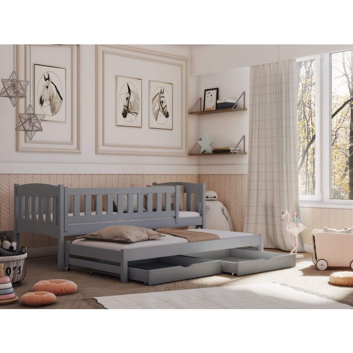 MALAIKA 2 Drawers Storage Wooden Double Bed with Trundle and Bonnell Foam Mattress - Grey