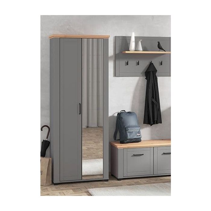 Wardrobe - HESTA 2 Door Mirrored Wardrobe Grey and Artisan Oak 75cm