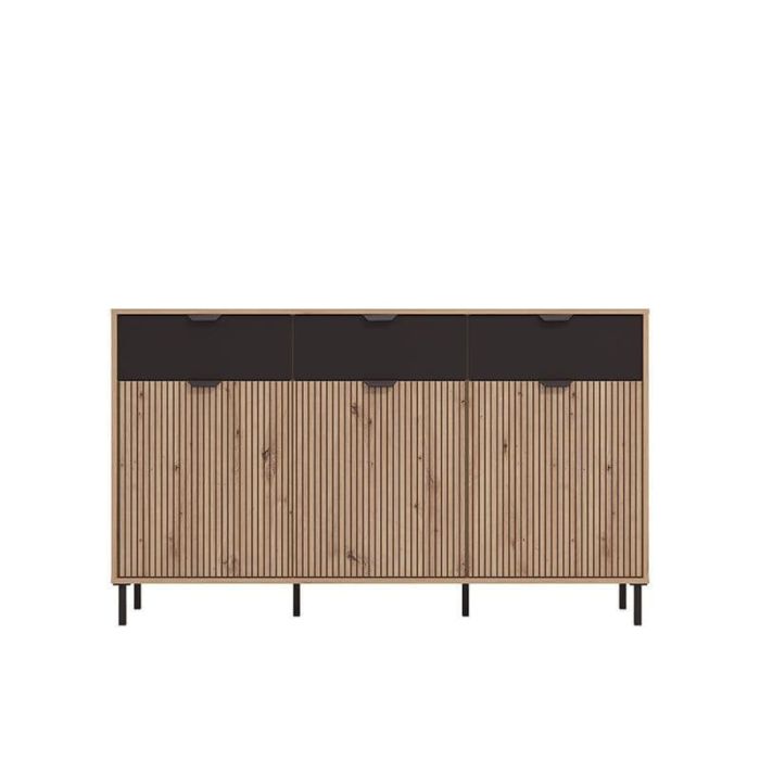 Martinova Artisan Oak Effect Slatted And Black 3 Door Sideboard - Oak