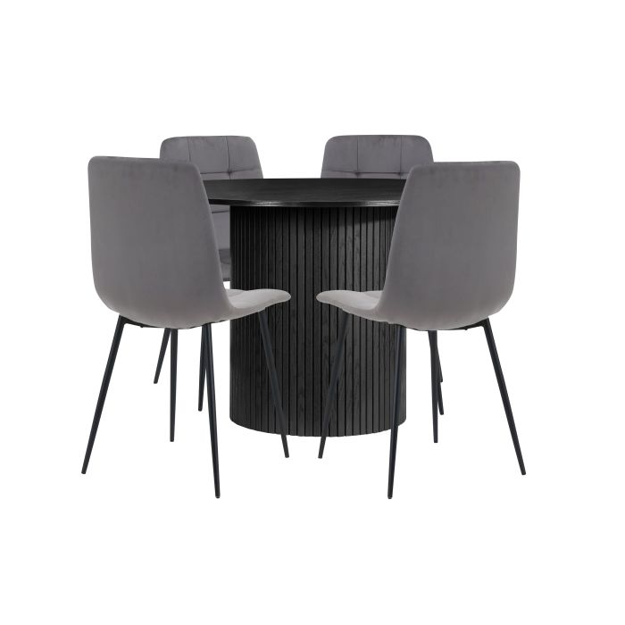 AUREN Fluted Round Dining Table with 4 Fabric Chairs - Black