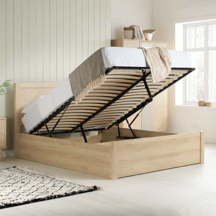 HEARTHEN Double Wooden Ottoman Storage Bedframe - Light Oak
