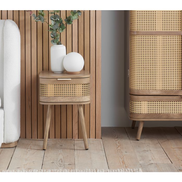 OTHLYN 1 Drawer Rattan Bedside Table - Oak