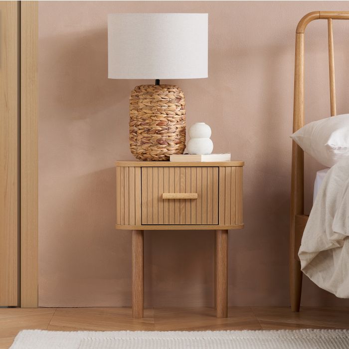 AUREN Fluted 1 Drawer Bedside Table - Oak