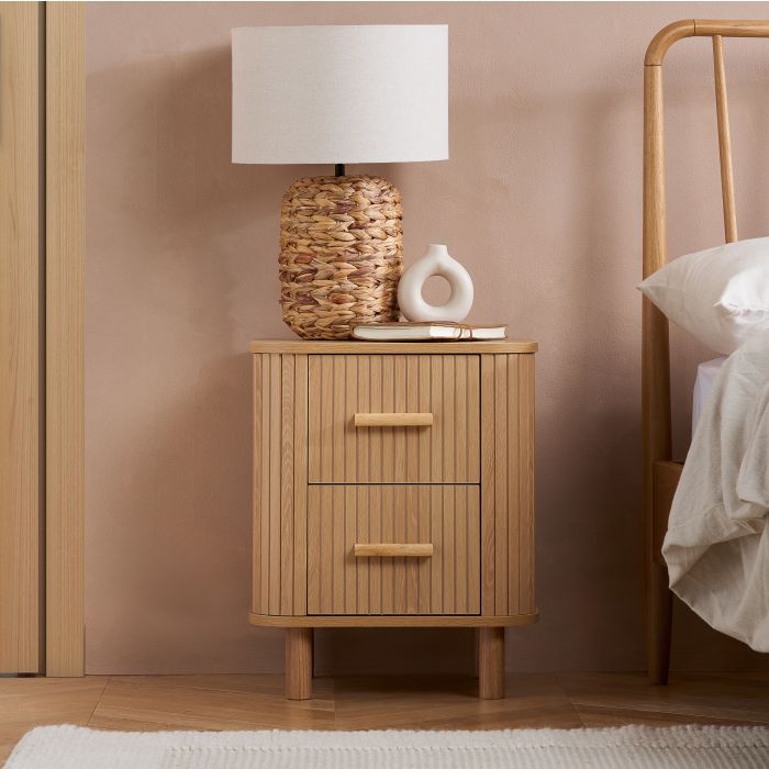 AUREN Fluted 2 Drawer Bedside Table - Oak