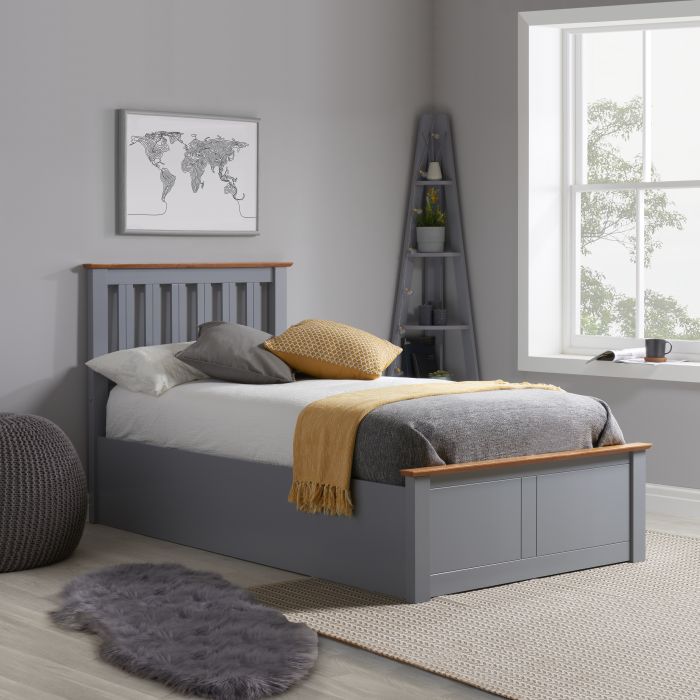 CORVEN Single Wooden Ottoman Storage Bedframe - Stone Grey
