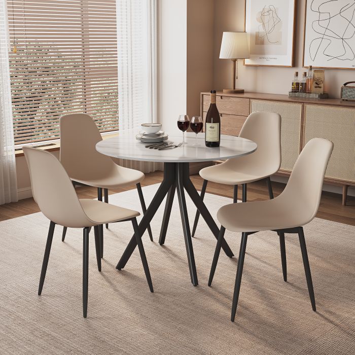 NEXO Sintered Stone Round Dining Table with 4 Curve Plastic Chairs - Gloss White with Calico