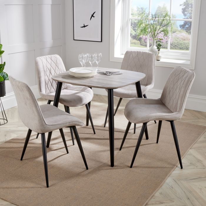 ASHES Square Wood Dining Table with 4 Fabric Chairs Set - Grey, 80cm