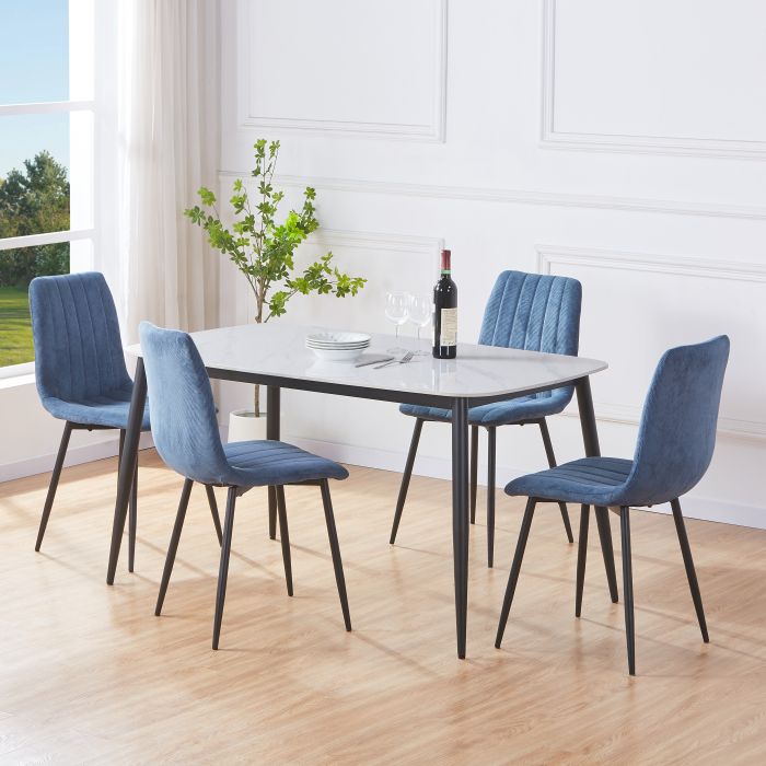 NEXO Sintered Stone Rectangular Dining Table with 4 Cord Straight Stitch Fabric Chairs - Blue