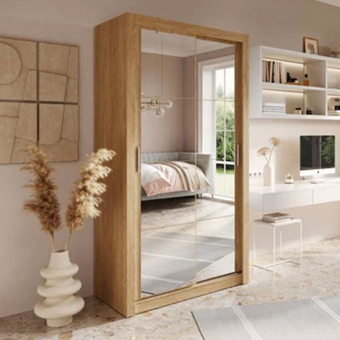 Sliding Wardrobe - IRVINE I 2 Door Mirrored Wardrobe Oak 120cm