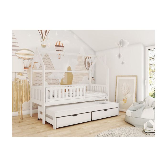 Single Bed - YORKSHIRE Wooden 3ft Bed with Trundle and Bonnell Mattresses White Matt