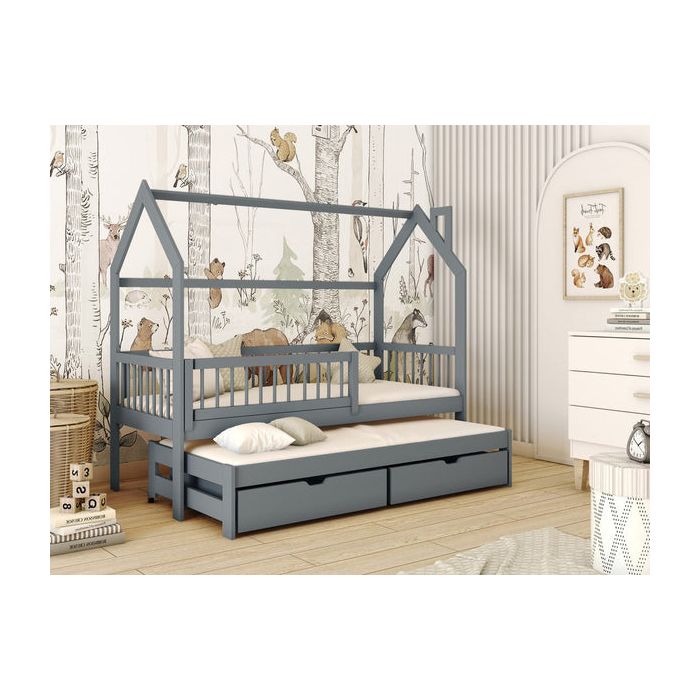 Single Bed - HOSTON Wooden 3ft Bed with Trundle and Bonnell Mattresses Graphite