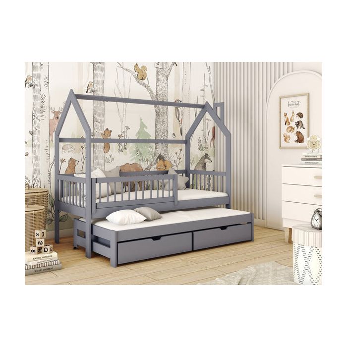 Single Bed - HOSTON Wooden 3ft Bed with Trundle and Foam Mattresses Grey