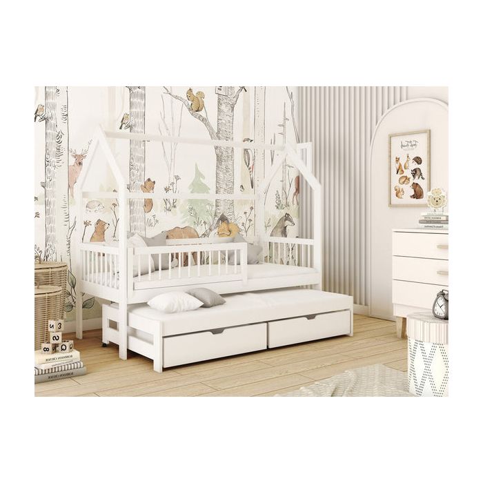 Single Bed - HOSTON Wooden 3ft Bed with Trundle White Matt