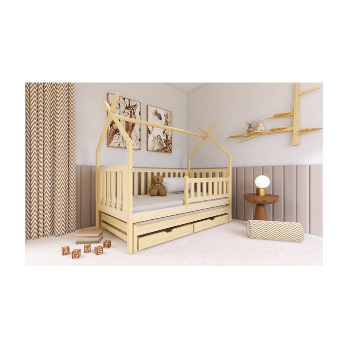 Single Bed - TEXAS Wooden 3ft Bed with Trundle and Foam Mattresses Pine