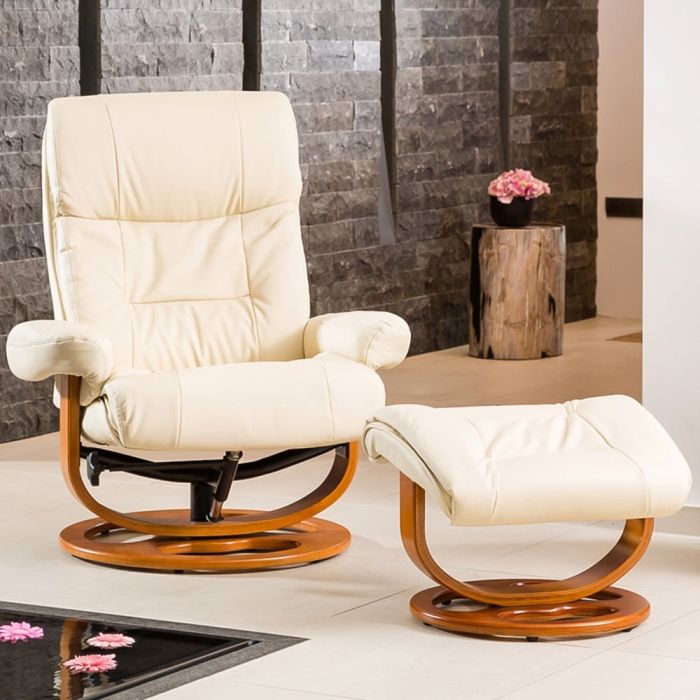 Armchair - MOBELUX Leather Swivel Recliner Chair with Stool - Cream